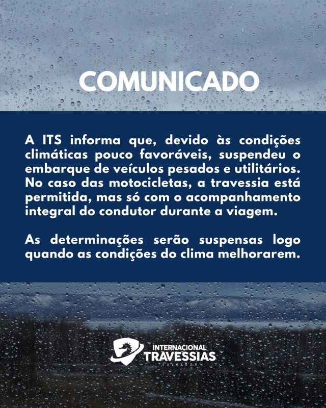 Prezados, clientes.

Informamos que, devido às condições climáticas pouco favoráveis, suspendeu o embarque de veículos pesados e utilitários. No caso das motocicletas, a travessia está permitida, mas só com o acompanhamento integral do condutor durante a viagem.

As determinações serão suspensas logo quando as condições do clima melhorarem.

#InternacionalTravessias