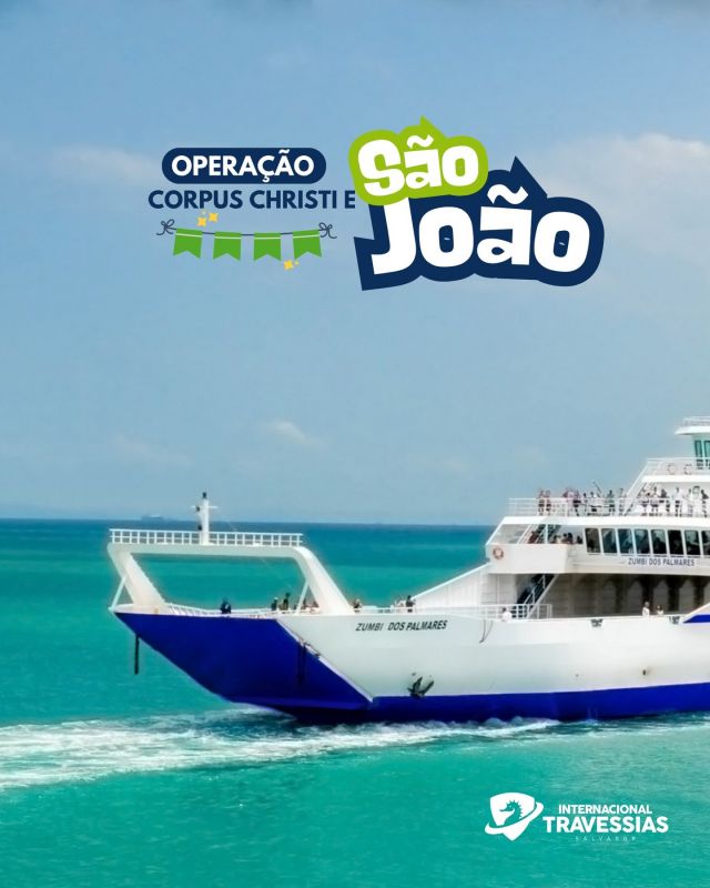Operação Especial - Com Corpus Christi (19/06) e São João (24/06) bem pertinho, a Internacional Travessias Salvador (ITS) preparou uma operação especial de 17 a 25 de junho para garantir sua viagem.

Estamos prontos para atender a alta demanda, com um fluxo que promete superar o do ano passado (quando levamos 71 mil passageiros no Corpus Christi e 134 mil no São João).

Contaremos com os ferries: Maria Bethânia, Anna Nery, Ivete Sangalo, Dorival Caymmi, Zumbi dos Palmares, Rio Paraguaçu e Pinheiro. Saídas de hora em hora dos terminais São Joaquim e Bom Despacho, e viagens extras para sua comodidade.

#SãoJoão #CorpusChristi #InternacionalTravessias #ferryboat